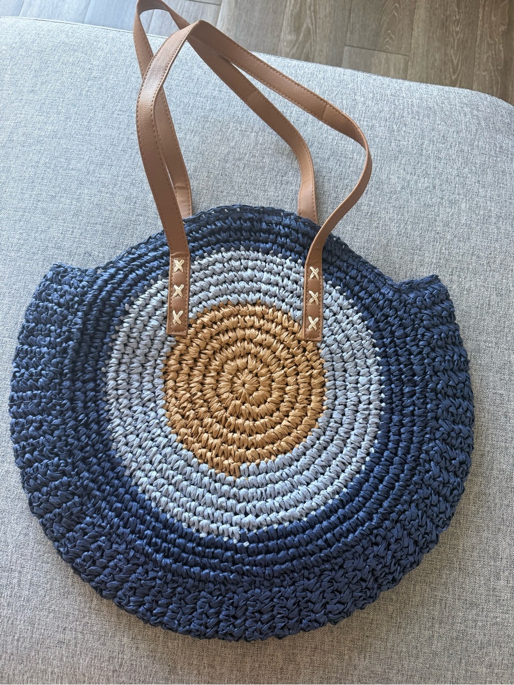 Claudia Round Woven Tote Bag in Navy, Light Blue & Tan with Brown Straps